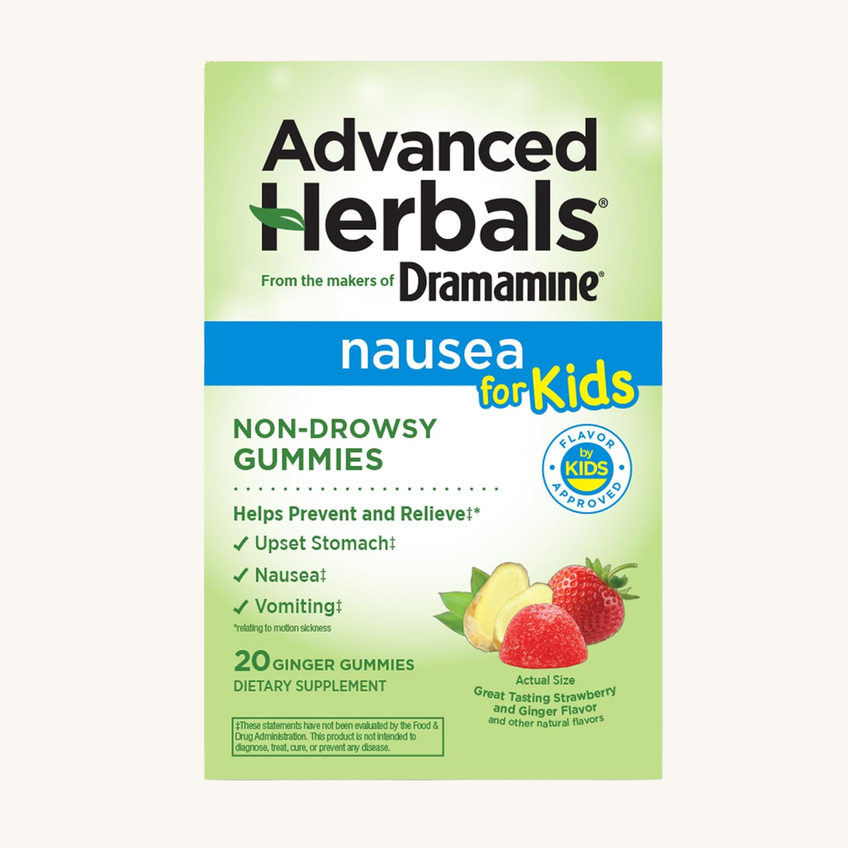 Dramamine Advanced Herbals Kids Nausea Gummies, Strawberry & Ginger, 20 Ct