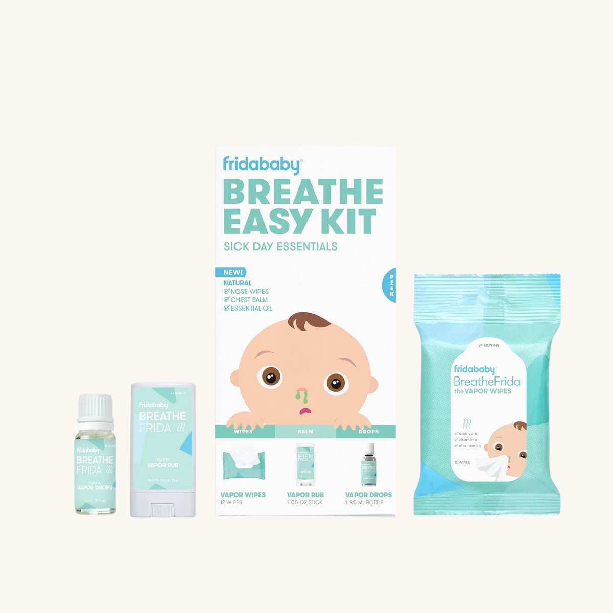 Frida Baby Breathe Easy Kit, 3pc Sick Day Baby Essentials Set, Wipes, Drops